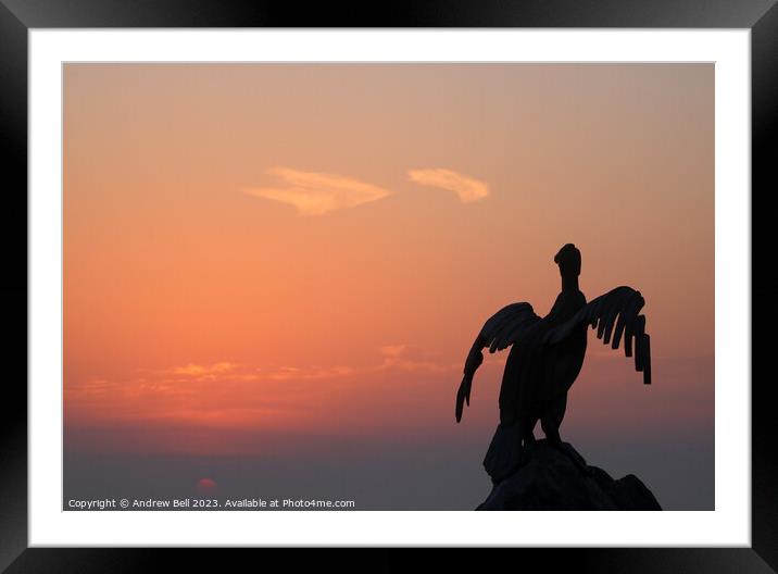 Cormorant Sculpture at Sunset Framed Mounted Print by Andrew Bell
