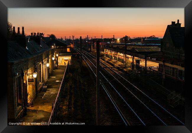 Carnforth Station, Sunset Framed Print by Liz Withey