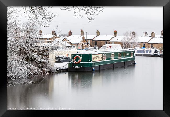 Narrowboat in Winter Framed Print by Liz Withey