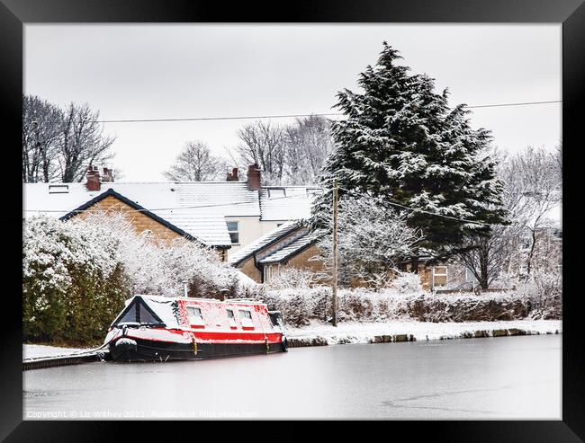 Red Narrowboat, Winter Framed Print by Liz Withey