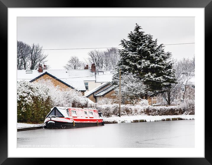 Red Narrowboat, Winter Framed Mounted Print by Liz Withey