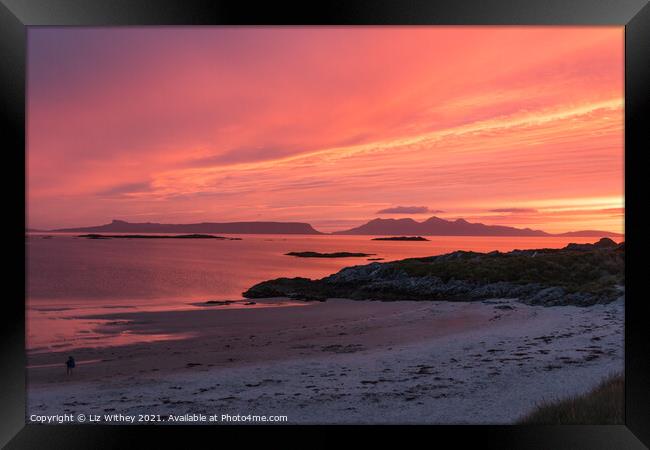 Sunset over the Small Isles from Camusdarach Beach Framed Print by Liz Withey