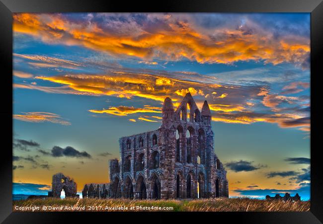 Dramatic sky's sunset whitby abbey Framed Print by David Ackroyd