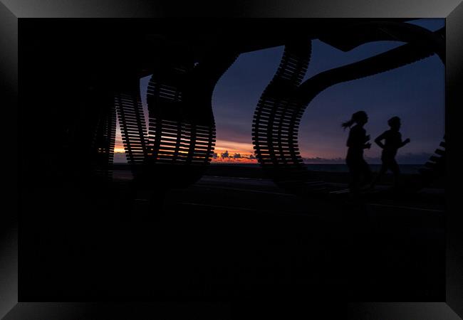 Serene Serenade: Joggers Embracing Sunrise Framed Print by Mel RJ Smith