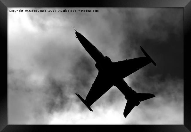 B&W Fighter Jet Flying Overhead Framed Print by Jason Jones