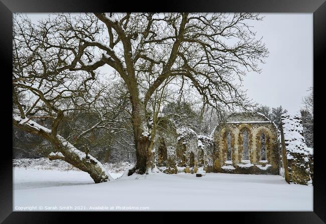 Snow Covered Waverley Abbey Ruin  Framed Print by Sarah Smith
