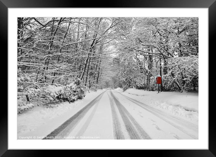 Snowy Road with Bright Red Postbox Framed Mounted Print by Sarah Smith