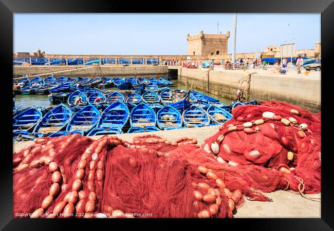 Boats and nets in Essaouira Harbour, Morocco Framed Print by Kevin Hellon