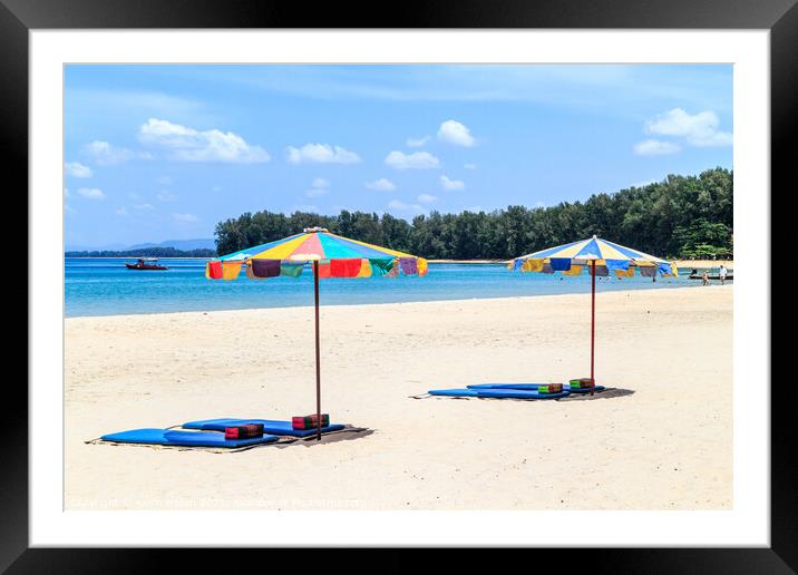 Umbrellas and beach mats on Nai Yang beach, Phuket, Thailand Framed Mounted Print by Kevin Hellon