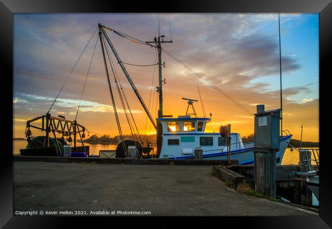 Fishing boats at sunrise. Framed Print by Kevin Hellon