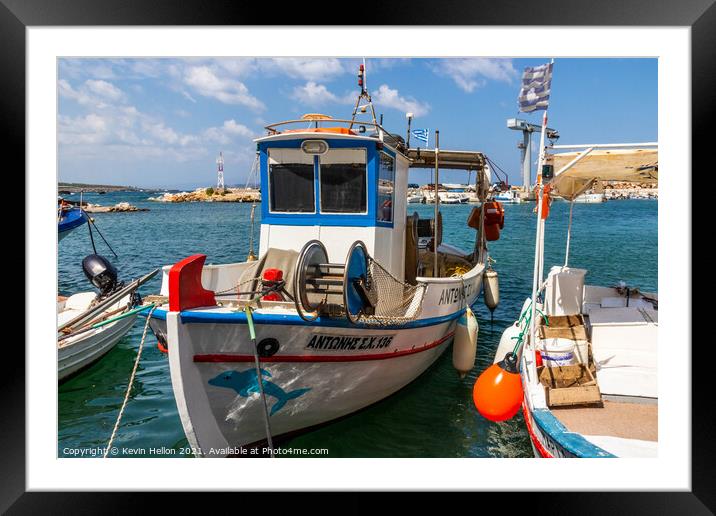 Greek fishing boat in harbour, Framed Mounted Print by Kevin Hellon