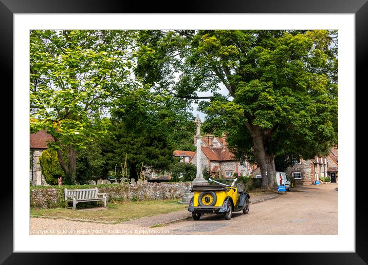 Vintage car outside the church in Hambleden, Framed Mounted Print by Kevin Hellon