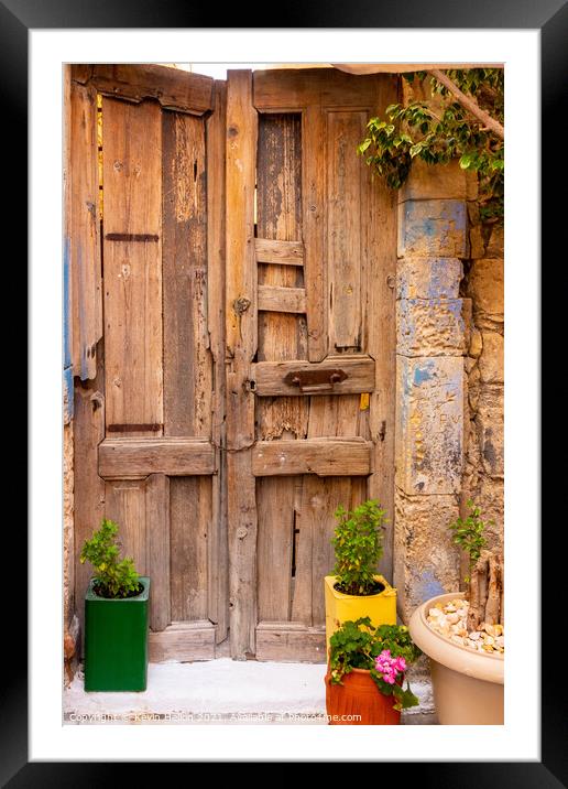Colourful plant containers and old wooden doors, Framed Mounted Print by Kevin Hellon
