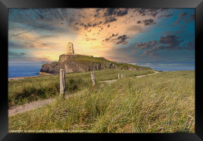 Tyr Mawr lighthouse at sunse Framed Print by Kevin Hellon