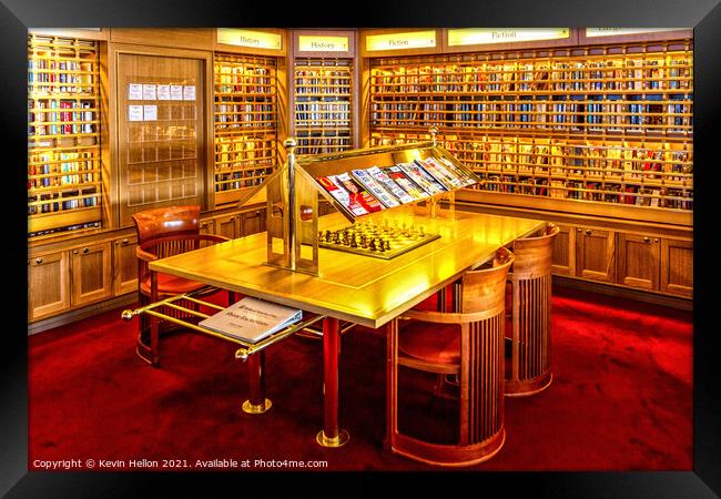 Library on a cruise ship with chess set Framed Print by Kevin Hellon