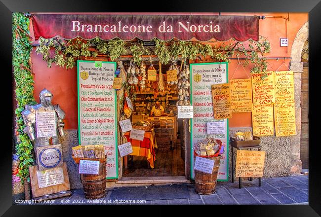 Delicatessan shop in Norcia Framed Print by Kevin Hellon