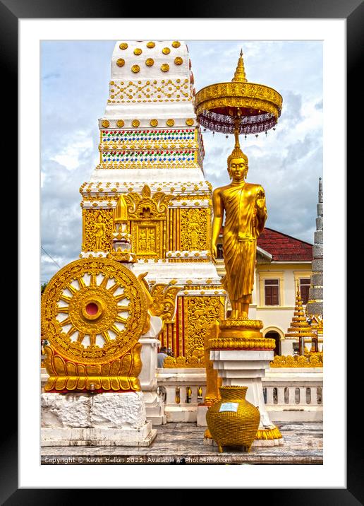 Buddha image and spire, Wat Phra That Phanom Framed Mounted Print by Kevin Hellon