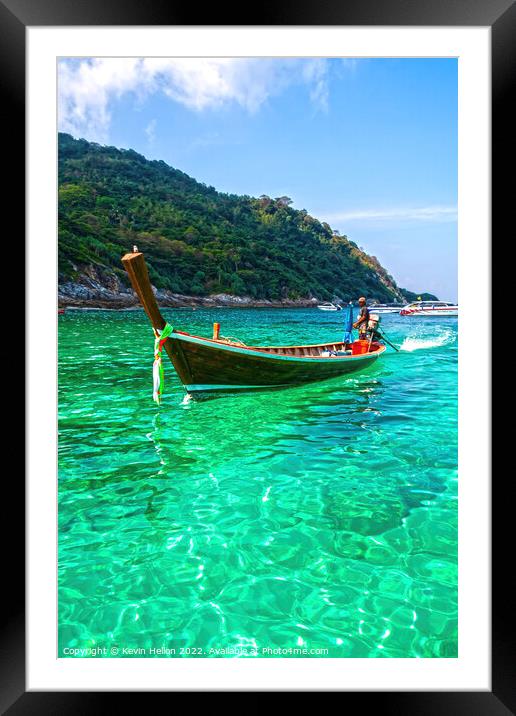 Emerald water and long tail boat, Koh Racha Ya Framed Mounted Print by Kevin Hellon