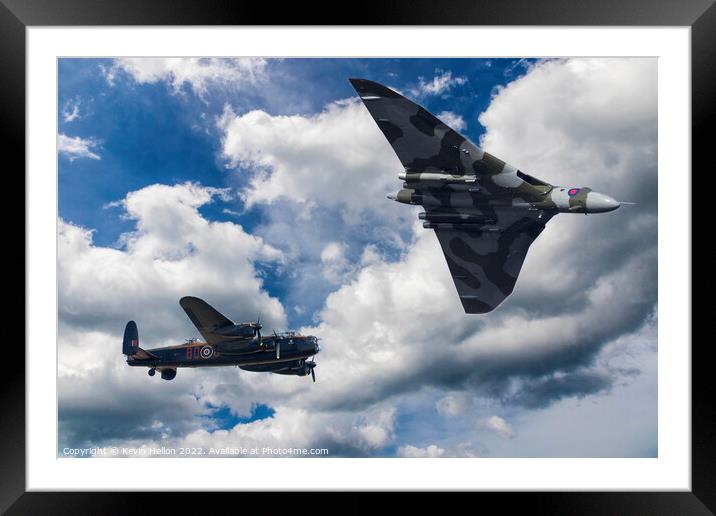 Avro Vulcan Bomber XH558 and Lancaster bomber in flight Framed Mounted Print by Kevin Hellon