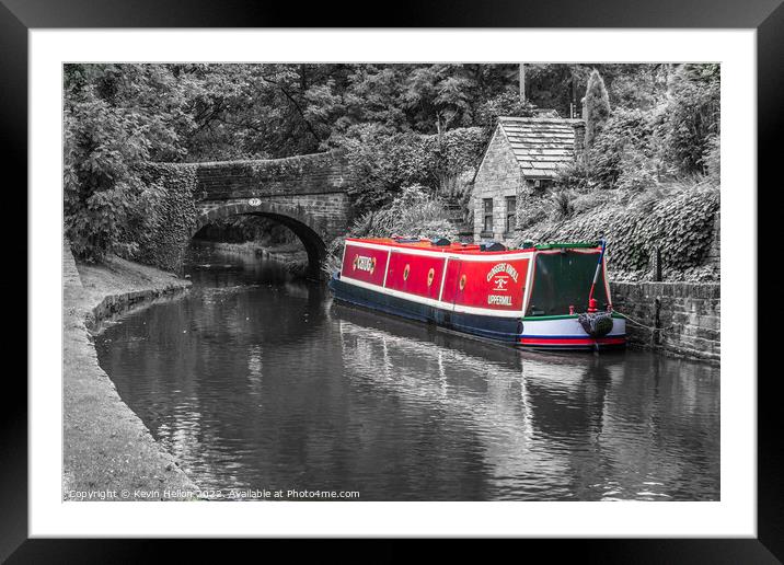 Narrowboat on the Huddersfield Narrow Canal. Uppermill, Oldham,  Framed Mounted Print by Kevin Hellon
