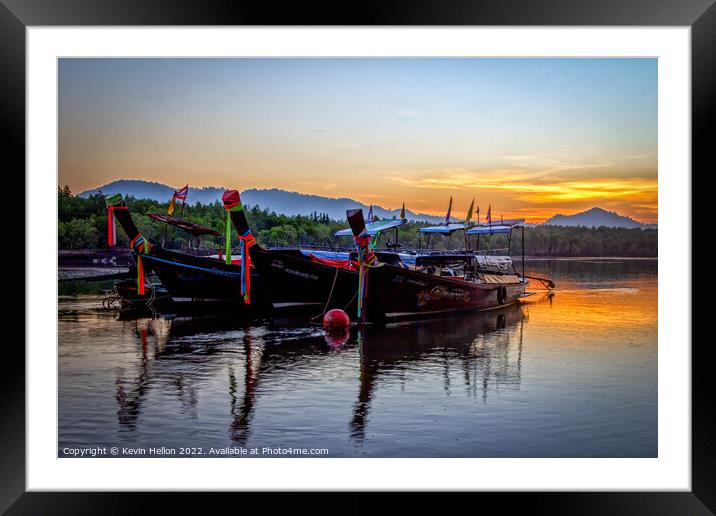 Long tail boats moored in Psk Meng, Trang Province at sunrise. Framed Mounted Print by Kevin Hellon