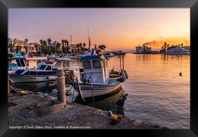 Sunrise over the harbour with smoke from funnel of ferry ship, K Framed Print by Kevin Hellon