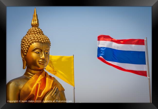 Buddha statue and Thai flag,  Framed Print by Kevin Hellon