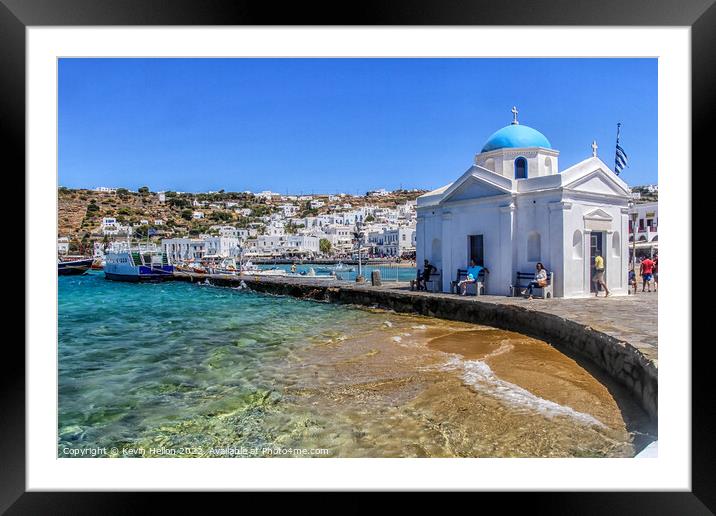 Church on the harbour, Chora, Mykonos, Greece Framed Mounted Print by Kevin Hellon
