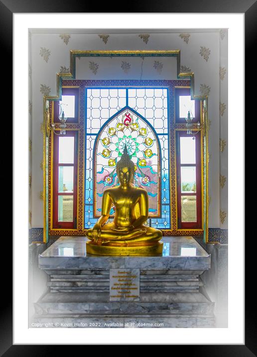 Buddha statue and stained glass window, Wat Tang Sai  Framed Mounted Print by Kevin Hellon