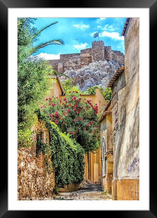 Narrow street in the Plaka district below the Acro Framed Mounted Print by Kevin Hellon