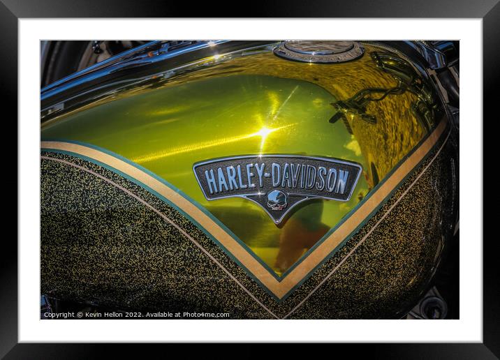 Sun reflected in a Harley Davidson fuel tank Framed Mounted Print by Kevin Hellon