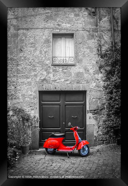 Red scooter outside doorway  Framed Print by Kevin Hellon