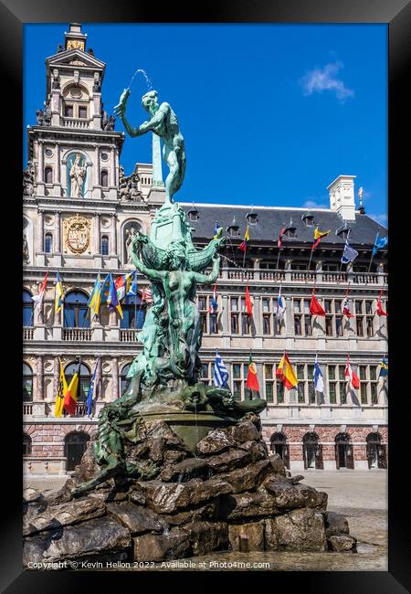 Brabo's monument with Stadhuis (City Hall) in the Grote Markt, A Framed Print by Kevin Hellon