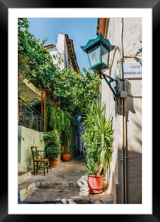 Typical street in the Plaka District Framed Mounted Print by Kevin Hellon