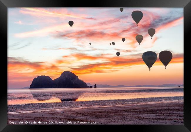 Hot air balloons over Hua Hin beach, Trang, Thaila Framed Print by Kevin Hellon