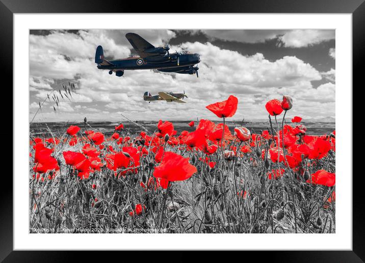 Lancaster bomber and spitfire flying over poppy fi Framed Mounted Print by Kevin Hellon