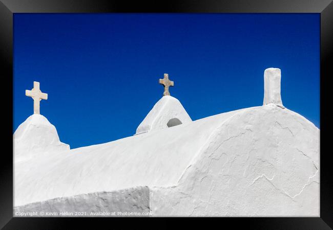 Crosses on Church of Panagia Paraportiani Framed Print by Kevin Hellon