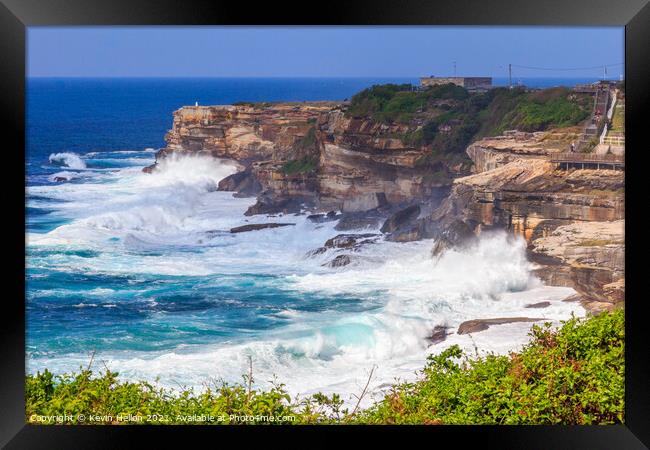 Rough seas by  on the Coogee to Bondi coastal walk Framed Print by Kevin Hellon