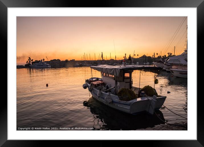 View of Kos harbour at sunrise Framed Mounted Print by Kevin Hellon
