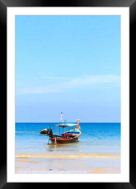 Long tail boat, tropical beach Framed Mounted Print by Kevin Hellon