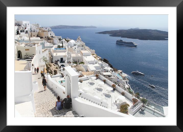 View of Santorini town with cruise ship in the har Framed Mounted Print by Kevin Hellon