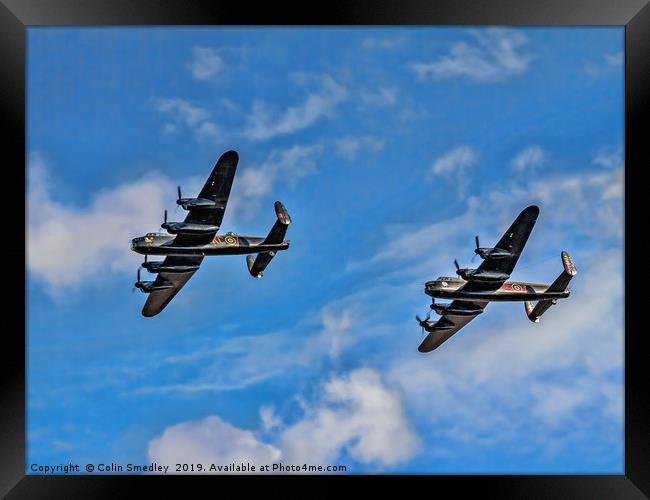 Lancasters PA474 & FM213 in line astern Framed Print by Colin Smedley