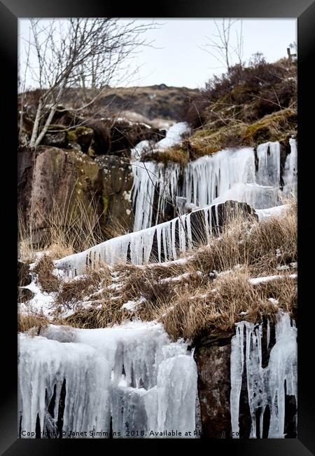 Frozen waterfall Brecon Storm Emma Framed Print by Janet Simmons