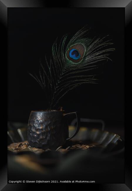 Pewter cup with a peacock feather still life Framed Print by Steven Dijkshoorn