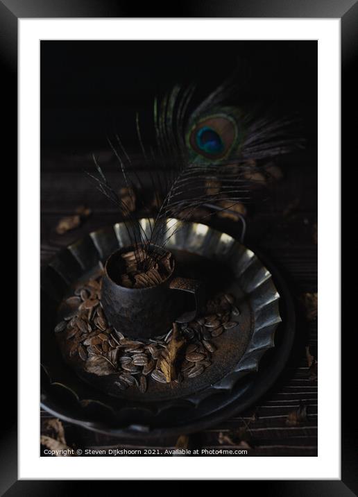 Still life pewter cup with a peacock feather Framed Mounted Print by Steven Dijkshoorn
