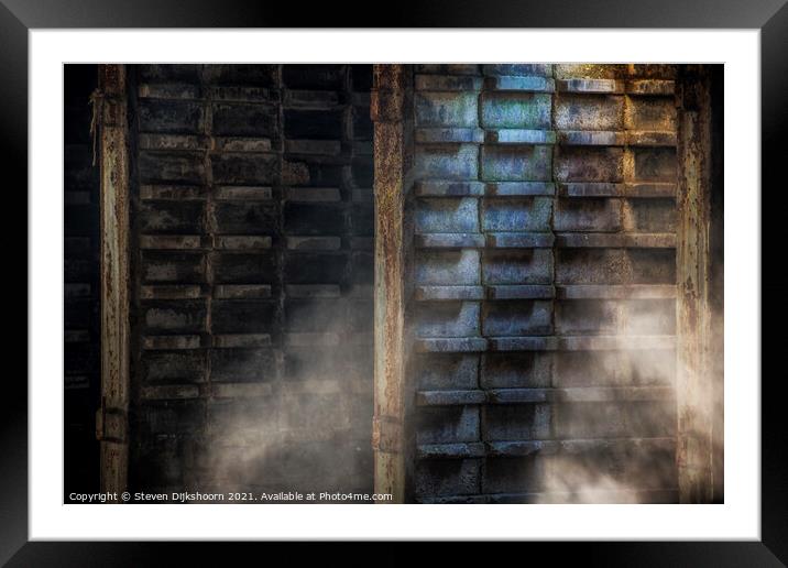 Natural light and dust flies through the air at a concrete factory Framed Mounted Print by Steven Dijkshoorn