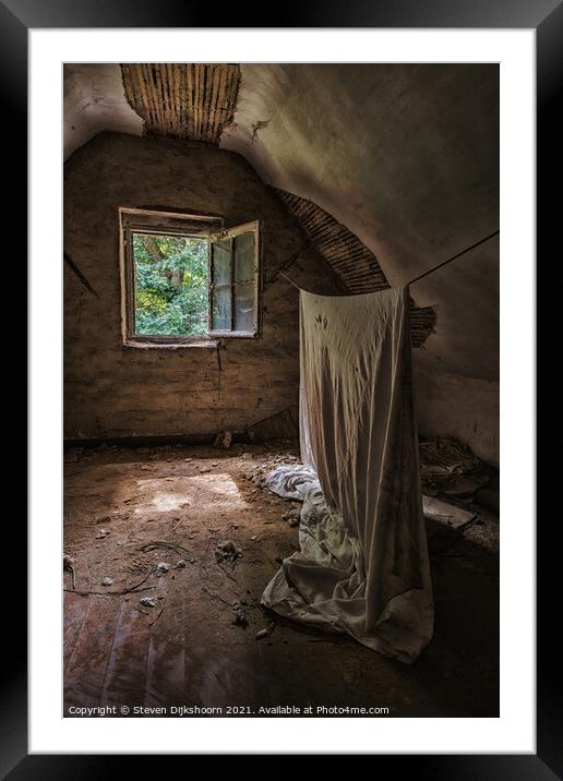 An old rug hanging in the attic of an abandoned house Framed Mounted Print by Steven Dijkshoorn
