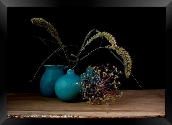 still life with three blue vases, ears of corn Framed Print by Chris Willemsen