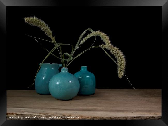 still life with three blue vases, ears of corn on  Framed Print by Chris Willemsen