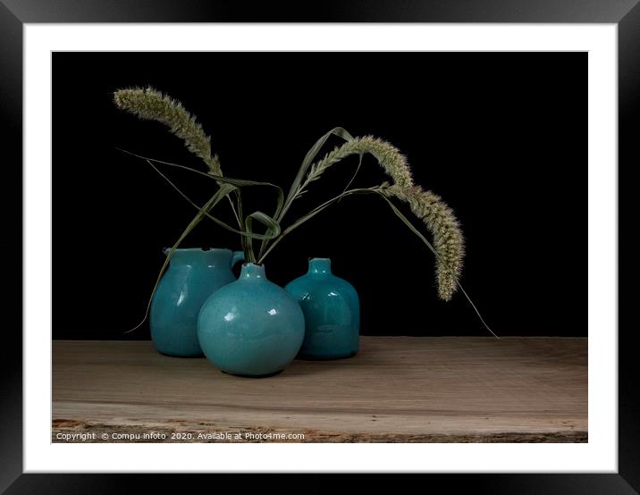 still life with three blue vases, ears of corn on  Framed Mounted Print by Chris Willemsen